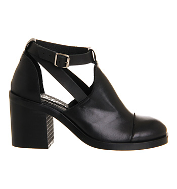 Office Drive Cut Out Block Heel Black Leather - Mid Heels