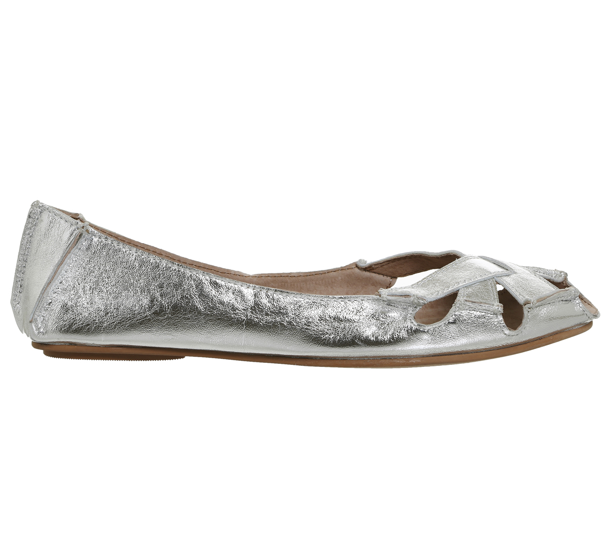 silver flat open toe shoes