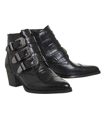 Office Jagger Multi Buckle Boots Black Croc Embossed Leather - Ankle Boots