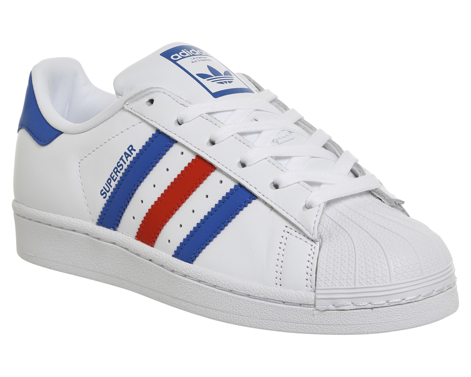adidas superstar white red and blue stripe trainers